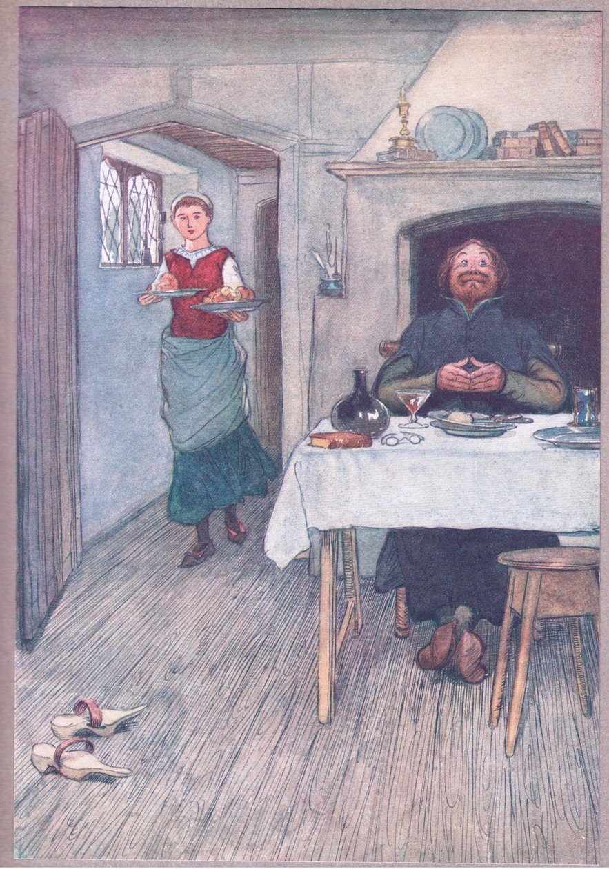 Vienen manzanas y queso, ilustración de Las Alegres Comadres de Windsor, 1910 de Hugh Thomson