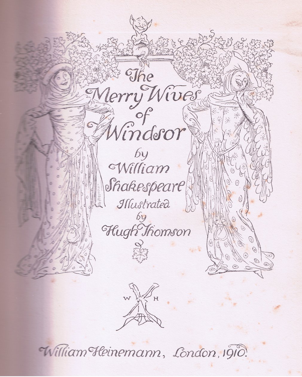 Diseño de la página del título, ilustración de Las Alegres Comadres de Windsor, 1910 de Hugh Thomson