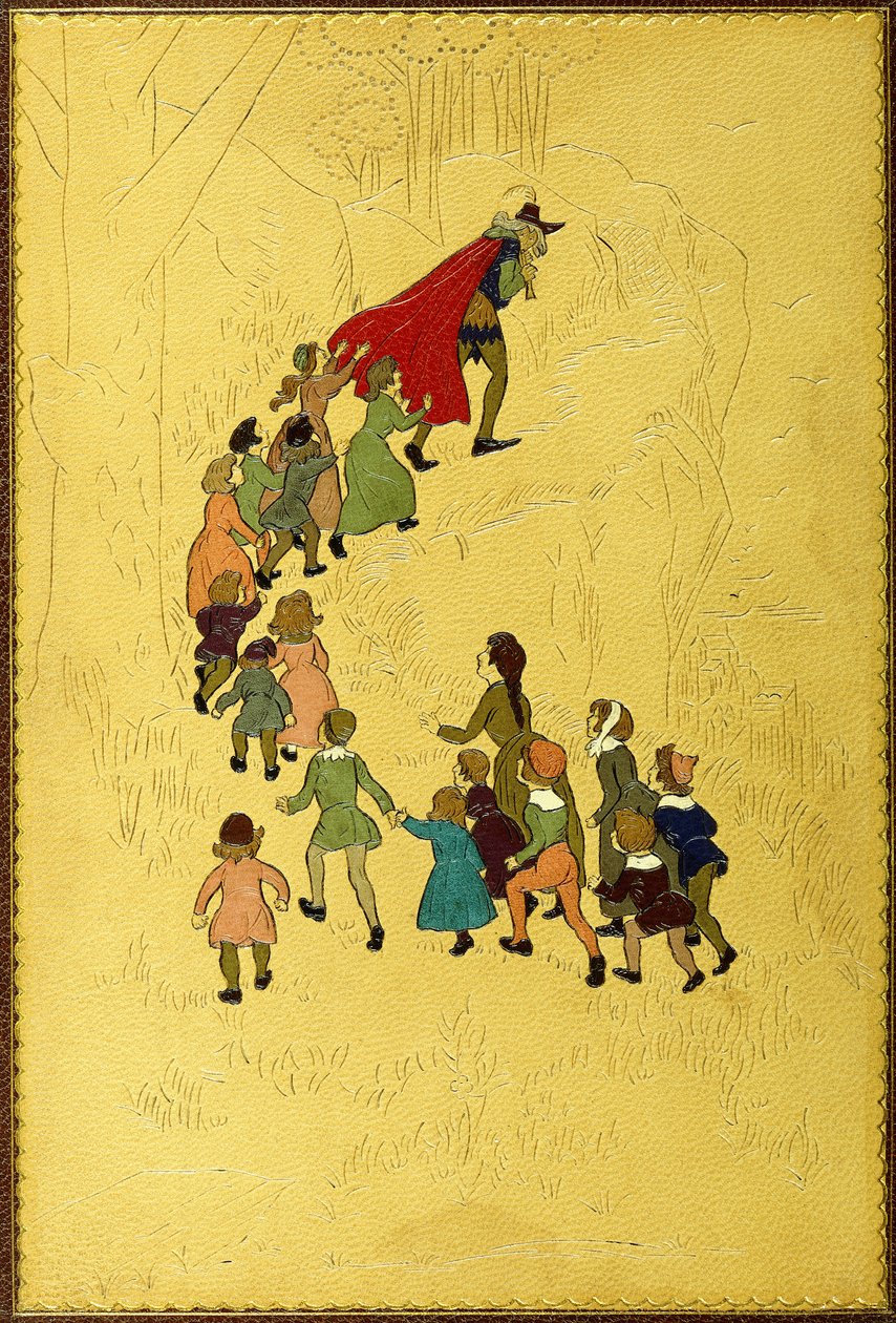 Cubierta superior, con una ilustración del Flautista seguido por niños de Hugh Thomson