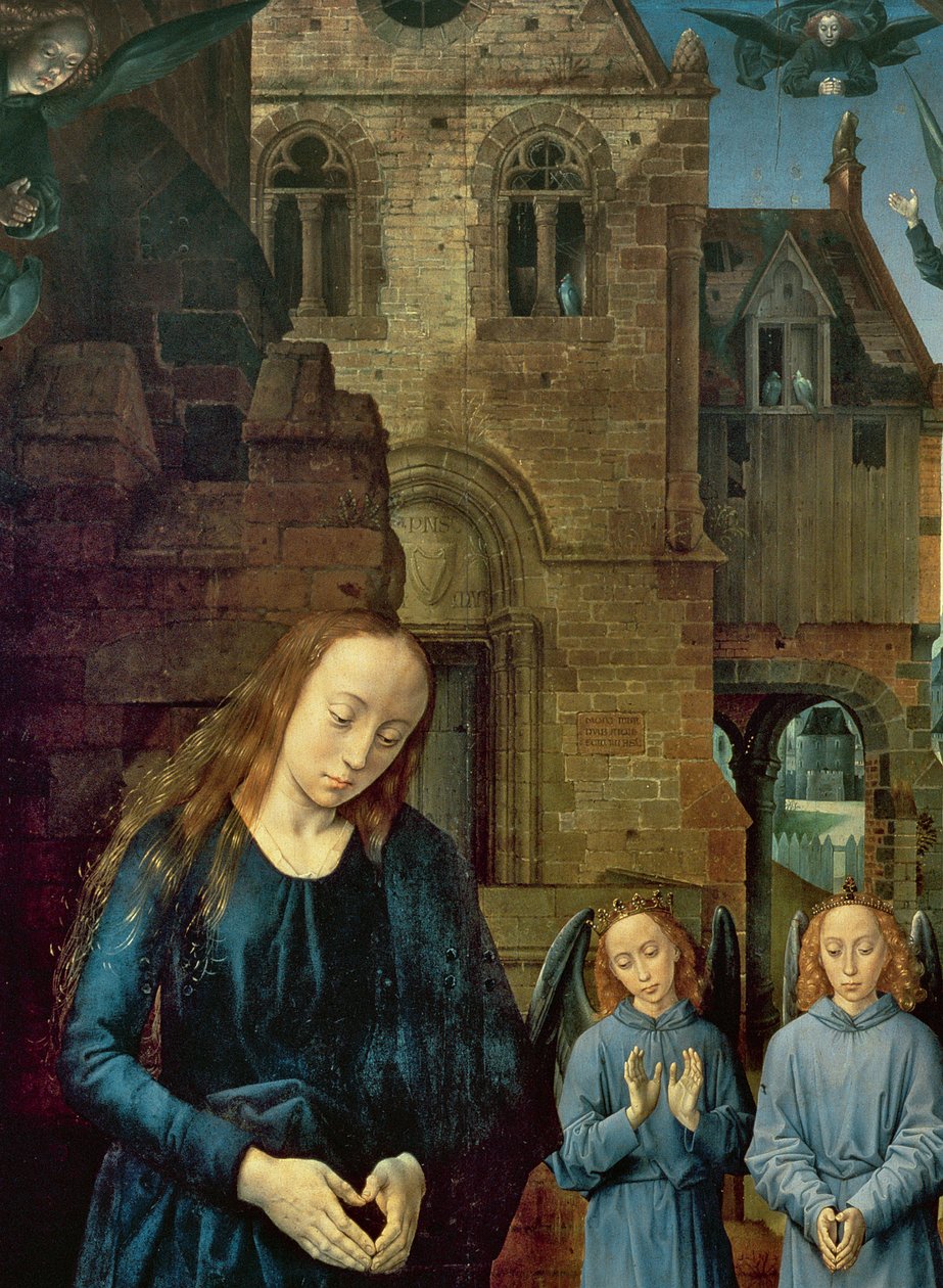 El Niño Jesús adorado por los ángeles, panel central del Retablo Portinari, c.1479 (detalle) de Hugo van der Goes