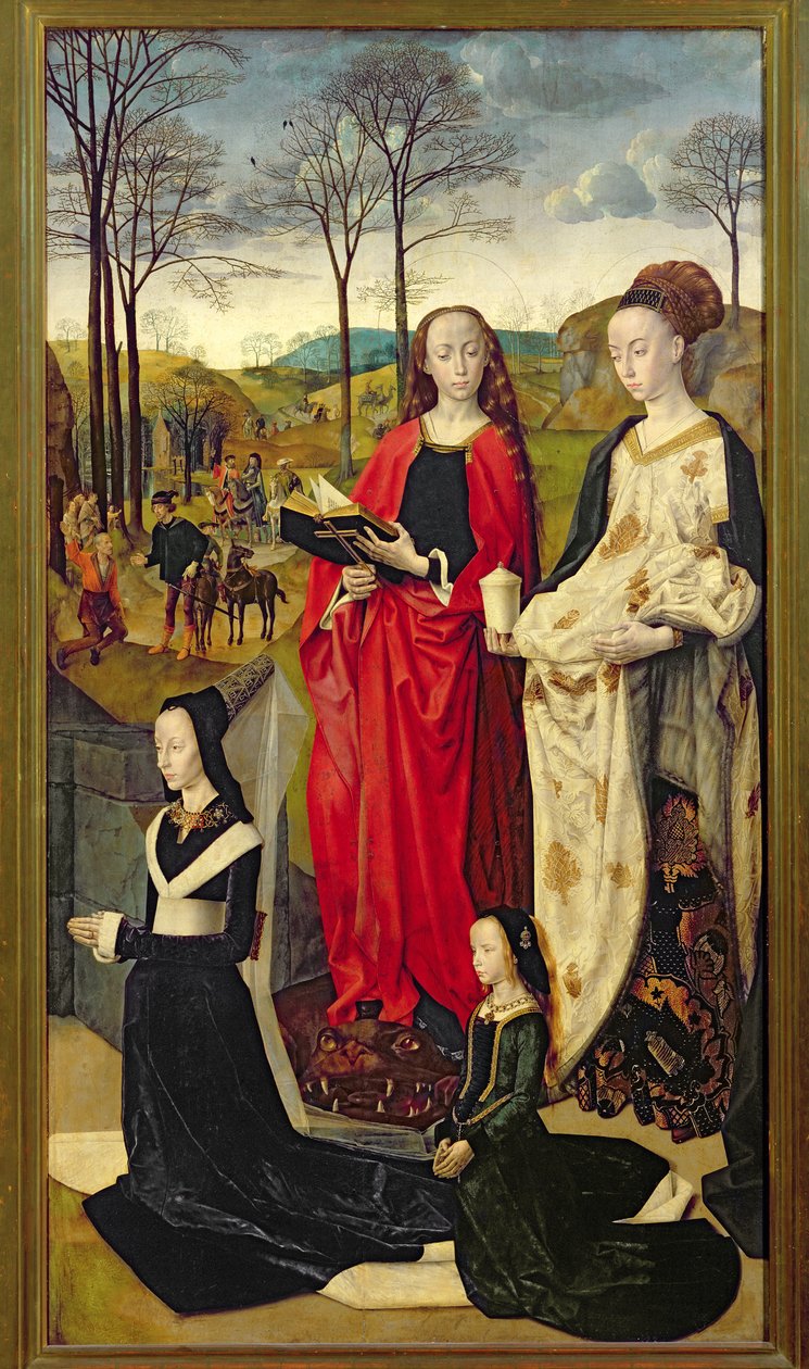 El retablo de Portinari, Santa María Magdalena y Santa Margarita con Maria Baroncelli y su hija Margherita Portinari, ala derecha, c.1479 de Hugo van der Goes