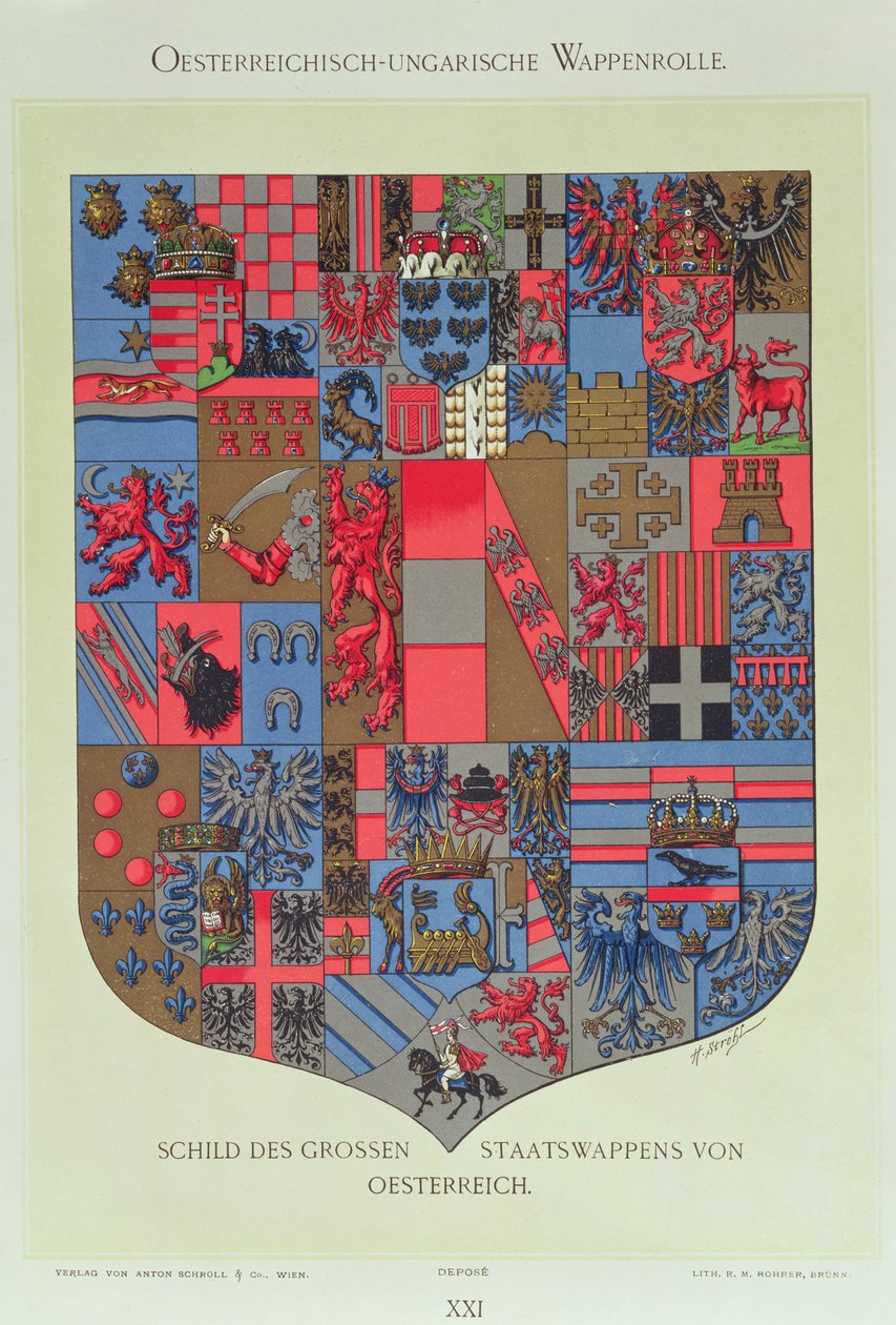 Escudo de armas del Imperio Austrohúngaro, mostrando los blasones de la Corte Imperial Austriaca, grabado por R. M. Rohrer de Hugo Gerard Strohl