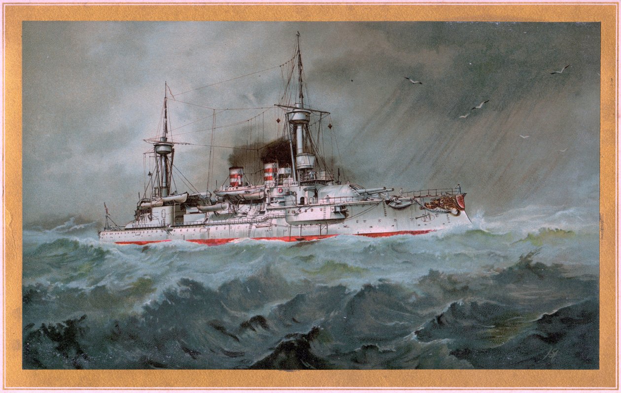 S.M.S. Linienschiff Brandenburg (escudo de armas águila roja en escudo blanco, S.M.S. Wörth = águila imperial negra en escudo dorado) de Hugo Graf
