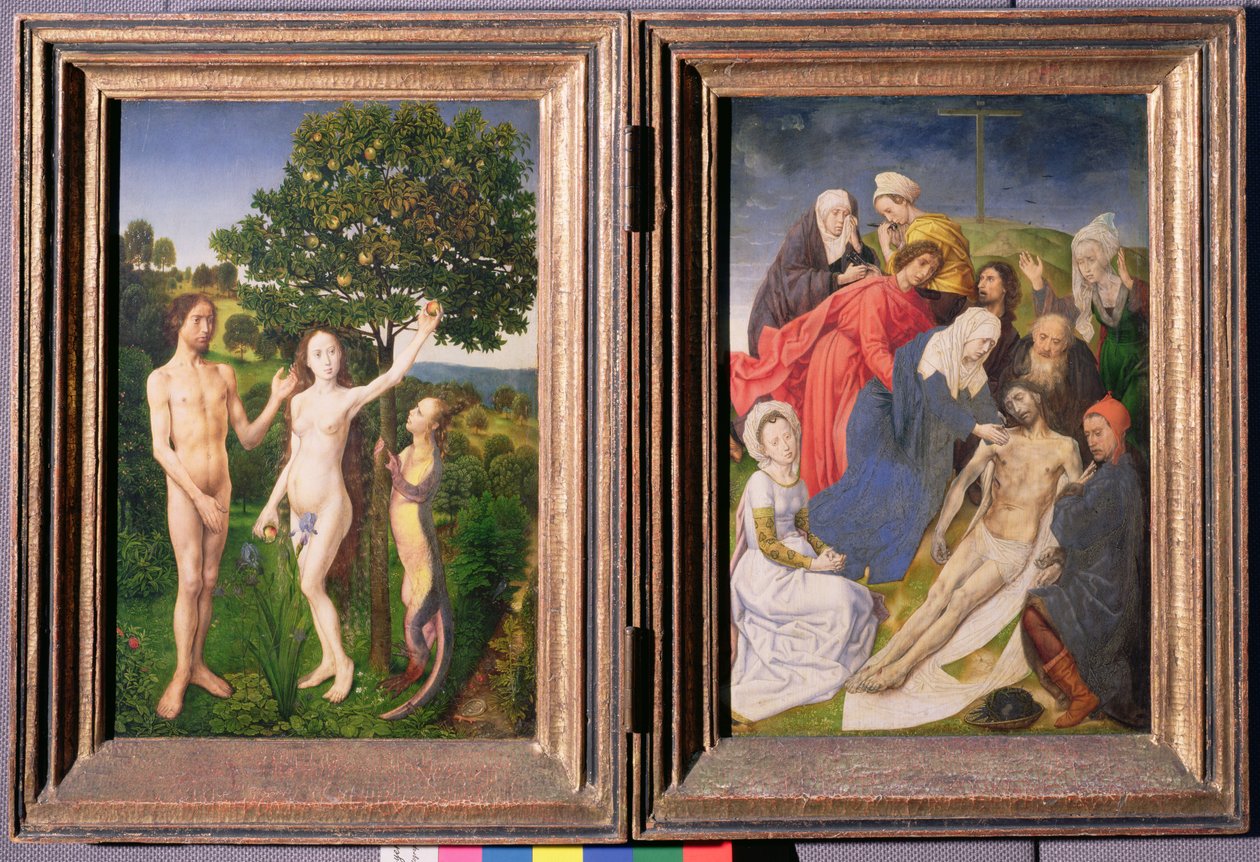 Diptychon: La caída del pecado (Adán y Eva, serpiente y manzana) y el descenso de la cruz de Jesús (después de 1479) de Hugo van der Goes