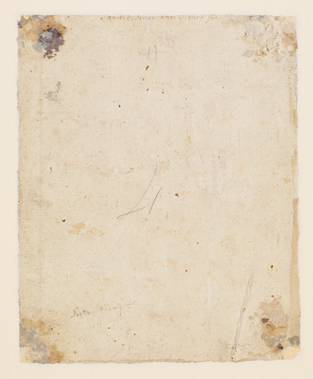 Inscripción en el reverso: centro superior, tinta marrón, mano italiana del siglo XVIII: "Sandro scrive che sicuro fia"; debajo, tinta marrón, mano del siglo XIX: "Petro Perugino" de Hugo van der Goes