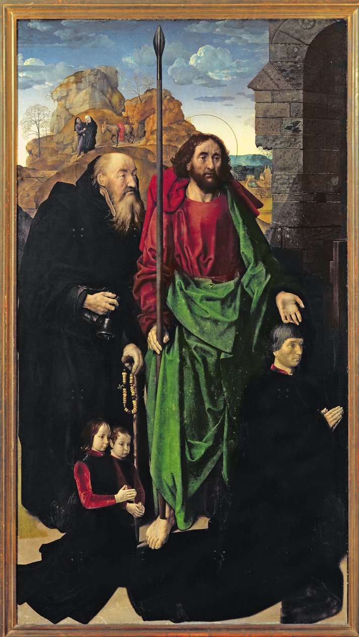 El retablo de Portinari, San Tomás y San Antonio el Ermitaño con Tommaso Portinari y dos hijos Antonio y Pigello, ala izquierda, c.1479 de Hugo van der Goes