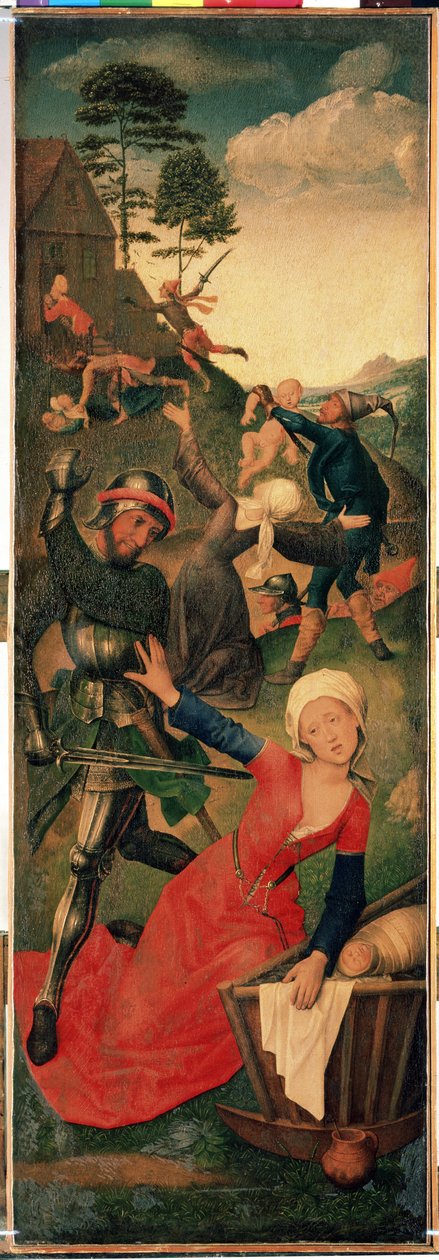 Tríptico de la Adoración de los Reyes Magos: "La masacre de los inocentes" Panel derecho. Pintura sobre madera de Hugo van der Goes (1435-1482) Siglo XV Dim. 96,3x109,2 cm Museo del Hermitage, San Petersburgo de Hugo van der Goes