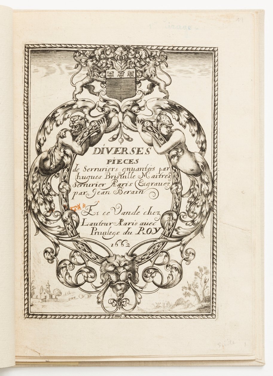 Página del título, de Diverses pièces de serruriers (Varios diseños para cerrajeros) de Hugues Brisville