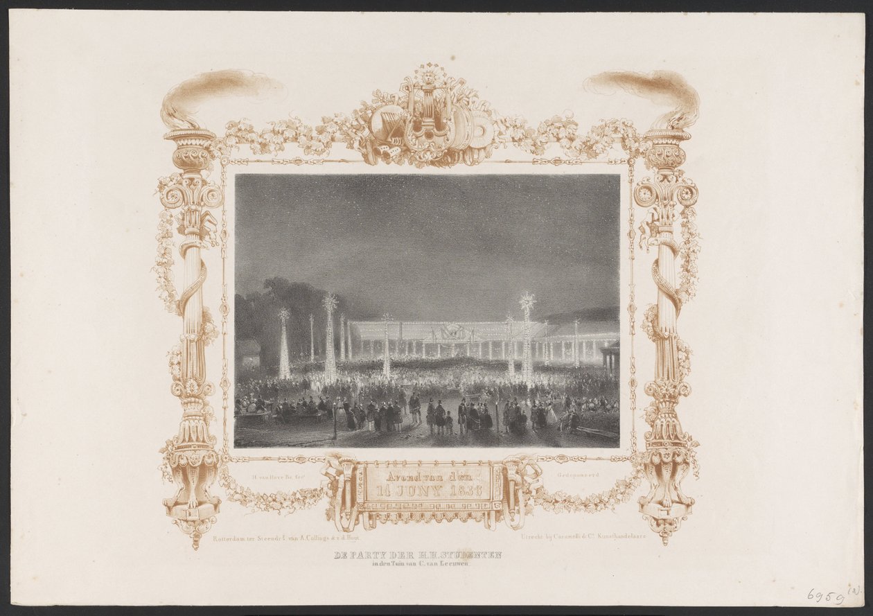Fiesta nocturna para los estudiantes, 1836. El Partido de S.H. Students in the Garden de C. van Leeuwen / Tarde del 14 de junio de 1836 (título sobre el objeto) Placas de la celebración del segundo centenario de la Utrechtsche Hogeschool, 1836 (título de l de Huib van Hove Bz