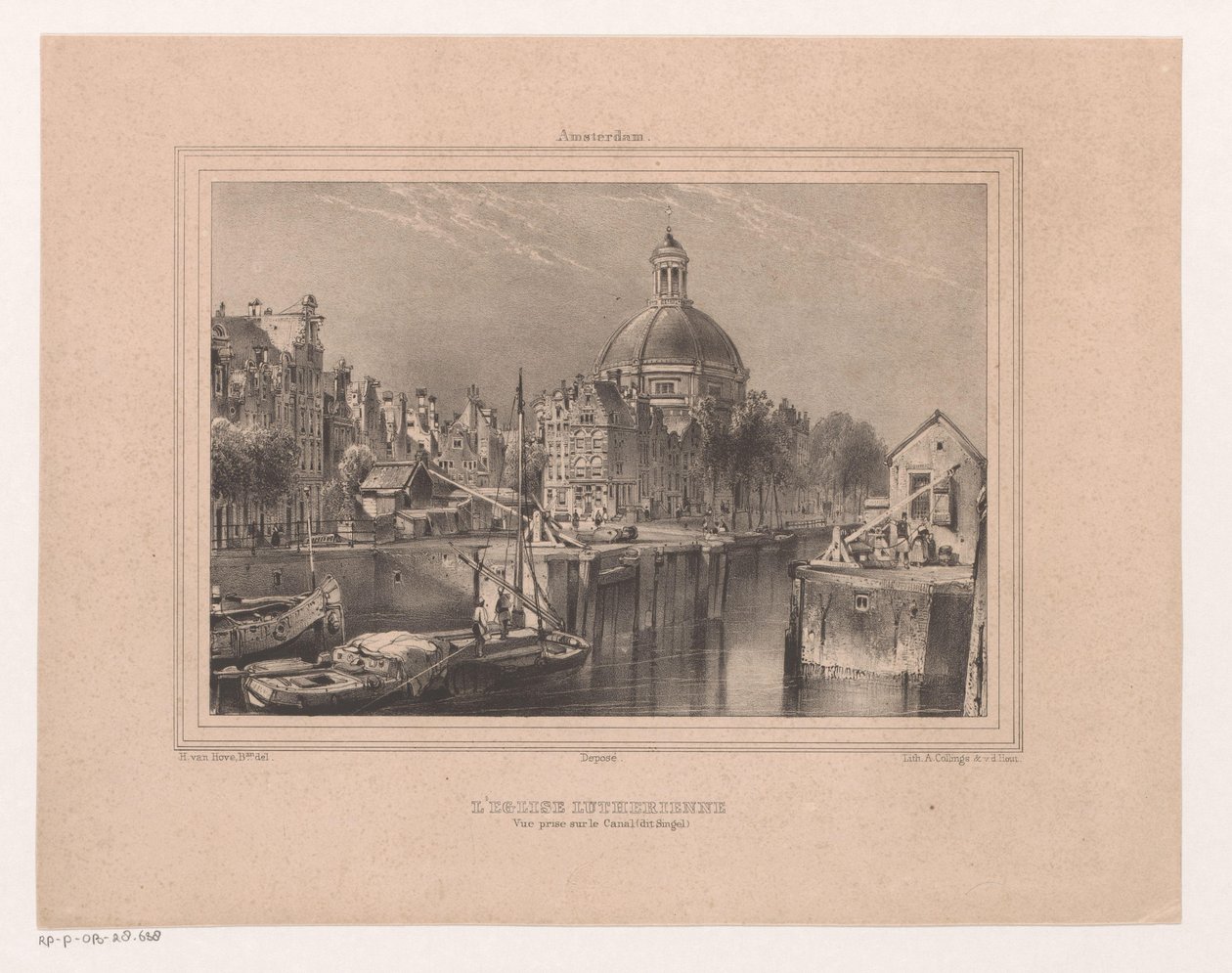 Gezicht op de Stromarkt, het Singel en de Lutherse kerk La Iglesia Luterana. Vista tomada en el Canal (conocido como Singel) (título sobre objeto) Recuerdo de Ámsterdam Ocho Vistas dibujadas y litografiadas del natural por H. van Hove Bz. (título de la ser de Huib van Hove Bz