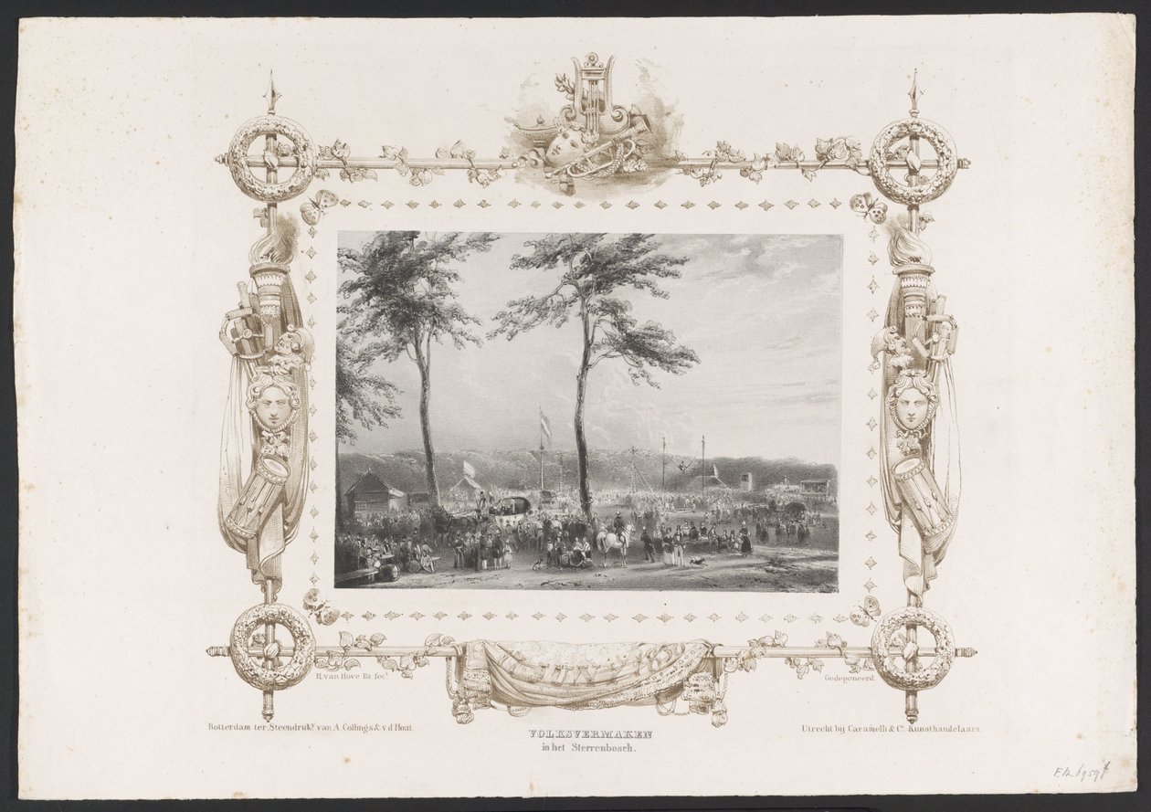 Parque de atracciones y otras diversiones, 1836 Entretenimiento popular en Sterrenbosch / 17 de junio de 1836 (título sobre objeto) Placas de la celebración del segundo centenario de la Utrechtsche Hogeschool, 1836 (título de la serie) de Huib van Hove Bz