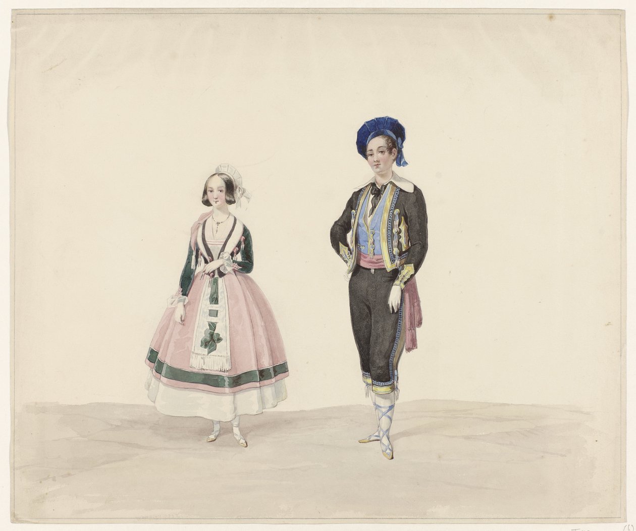 Hombre y mujer con traje histórico, 1841 Seis acuarelas de trajes históricos para el baile de disfraces de 1841 (título de la serie) de Huib van Hove Bz