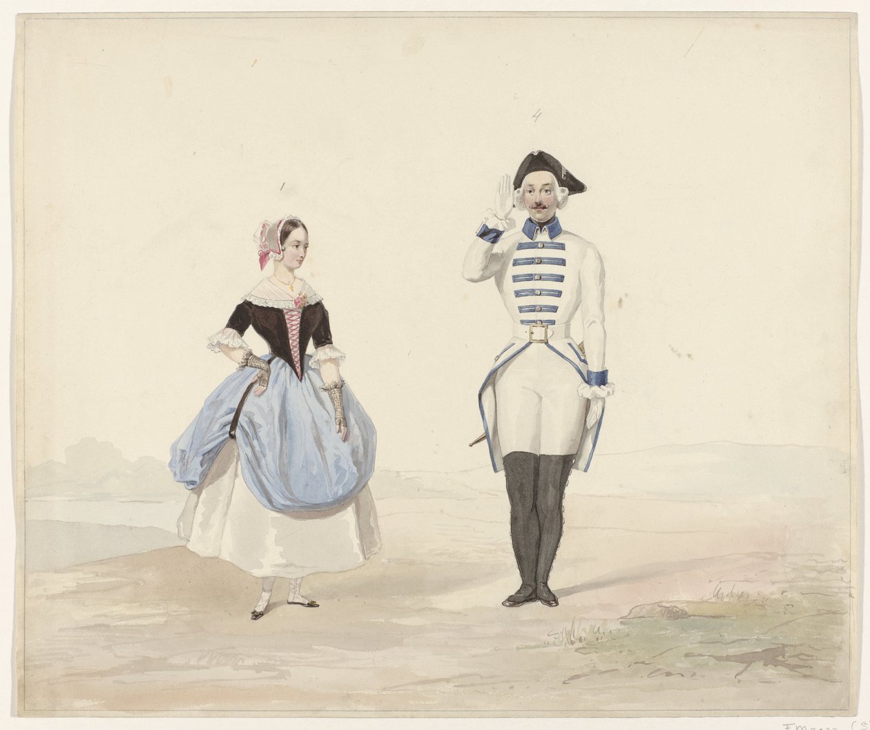 Hombre y mujer con traje histórico, 1841 Seis acuarelas de trajes históricos para el baile de disfraces de 1841 (título de la serie) de Huib van Hove Bz