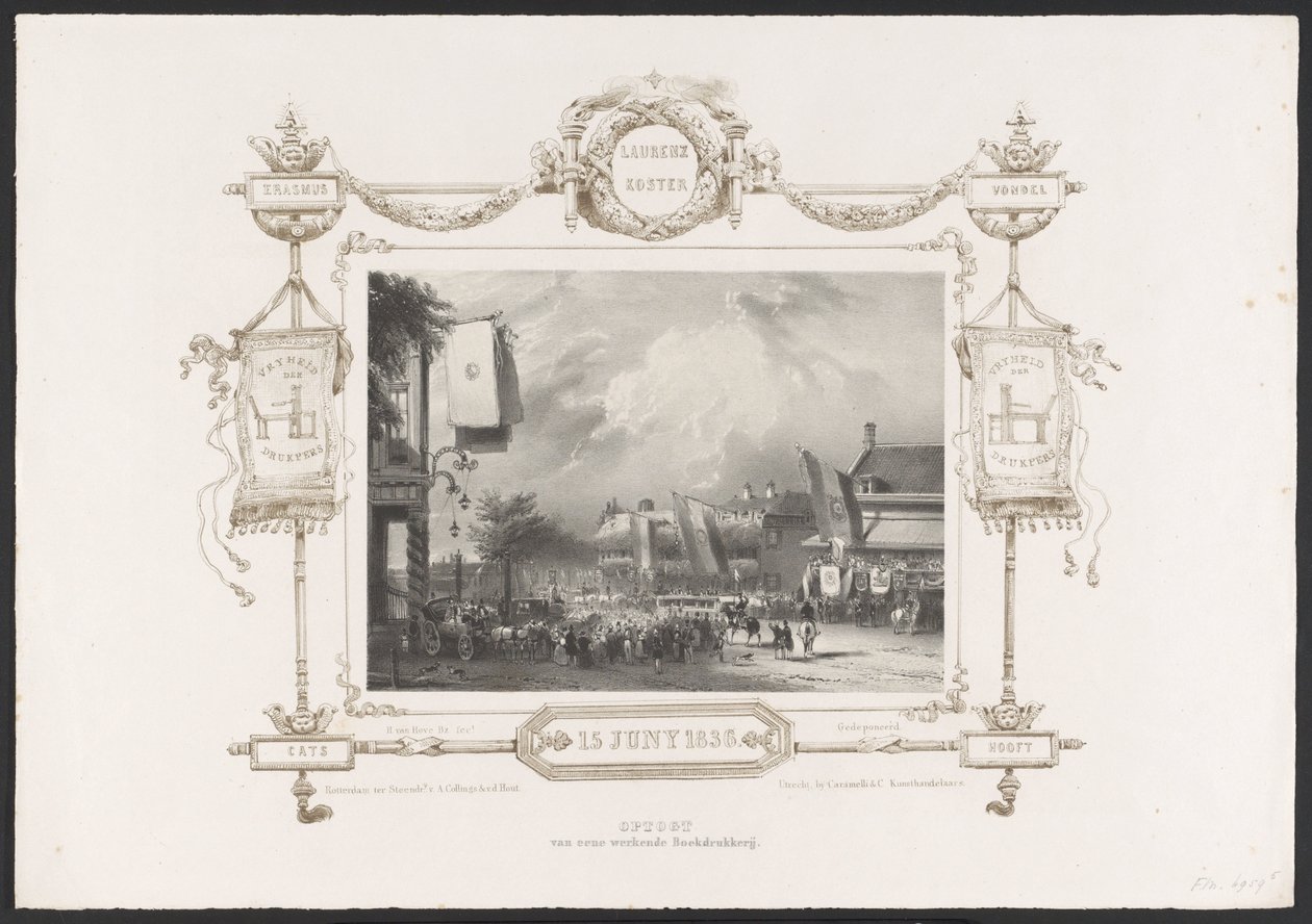 Procesión con una imprenta, 1836 Optogt van eene working Drukkerij / 15 de junio de 1836 (título sobre el objeto) Placas de la celebración del segundo centenario de la Utrechtsche Hogeschool, 1836 (título de la serie) de Huib van Hove Bz
