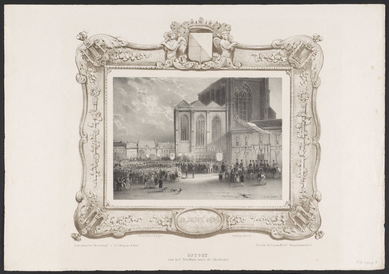 Procesión desde el Ayuntamiento hasta el edificio de la Academia, 1836 Ascensión del Ayuntamiento a la Academia (título sobre objeto) Placas de la celebración del segundo centenario de la Utrechtsche Hogeschool, 1836 (título de la serie) de Huib van Hove Bz