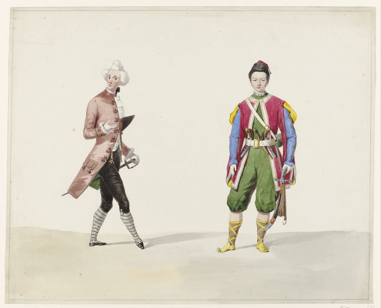 Dos hombres en traje histórico, 1841 Seis acuarelas de trajes históricos para el baile de disfraces de 1841 (título de la serie) de Huib van Hove Bz