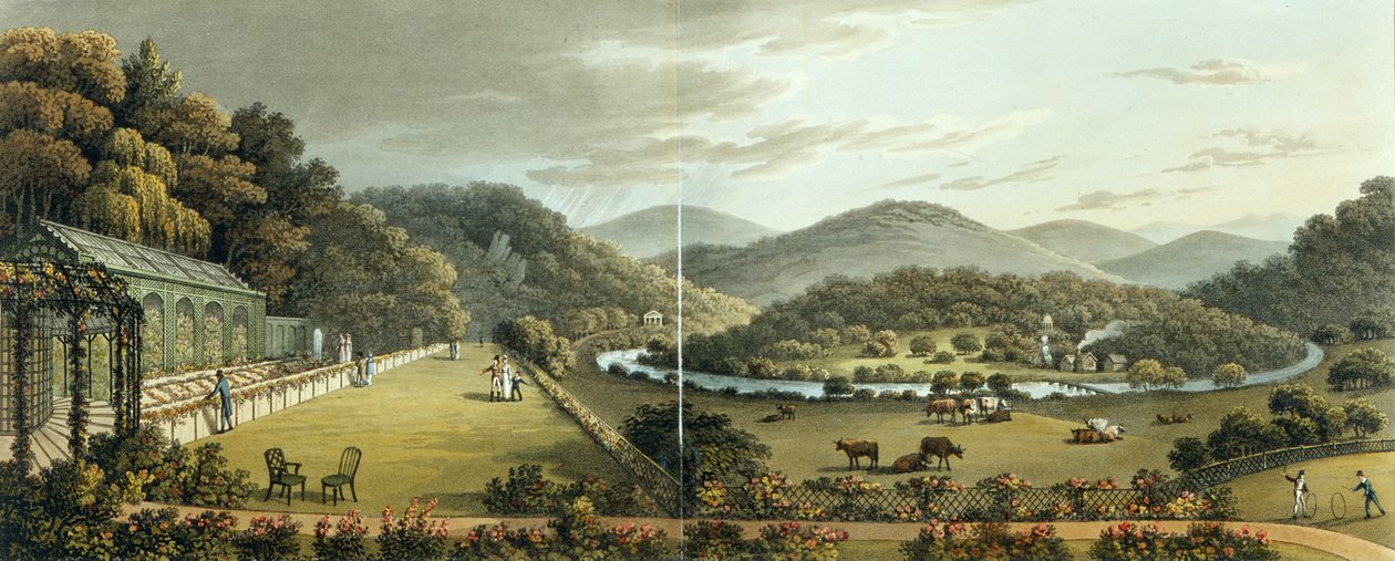 Vista general desde los frentes sur y este de la cabaña en Endsleigh, Devon, de 