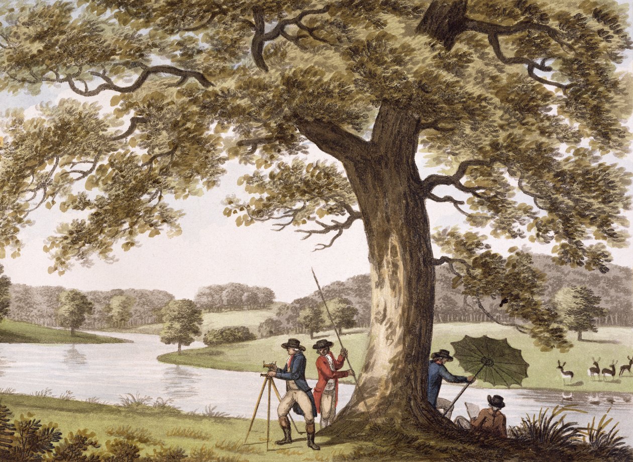Humphrey Repton inspeccionando con un Teodolito de Humphry Repton