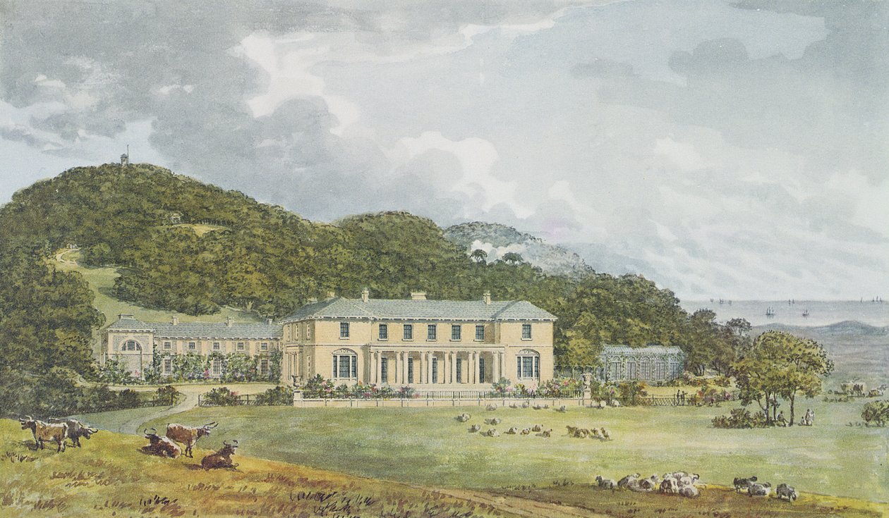 Frente sur con frente oeste en perspectiva, del Libro Rojo para la Casa Antony de Humphry Repton