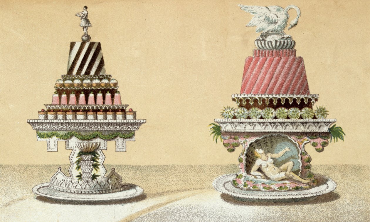 Diseño para la presentación de Charlottes a la Reina y Pain de Framboises a la Leda, ilustración de un libro de cocina húngaro sobre cocina francesa, c.1880 de Hungarian School