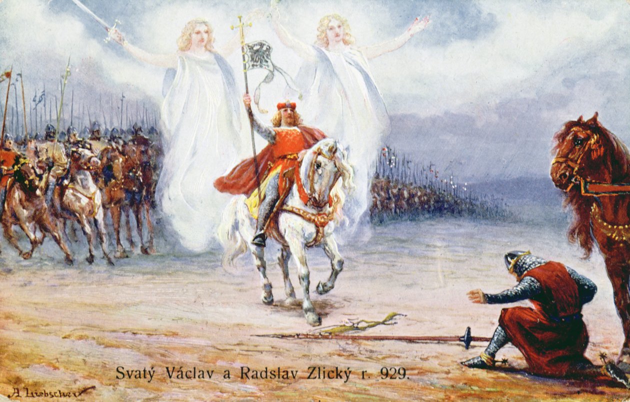 Duque de Kourim rindiéndose a San Wenceslao después de ver a dos ángeles acompañando al santo de Hungarian School