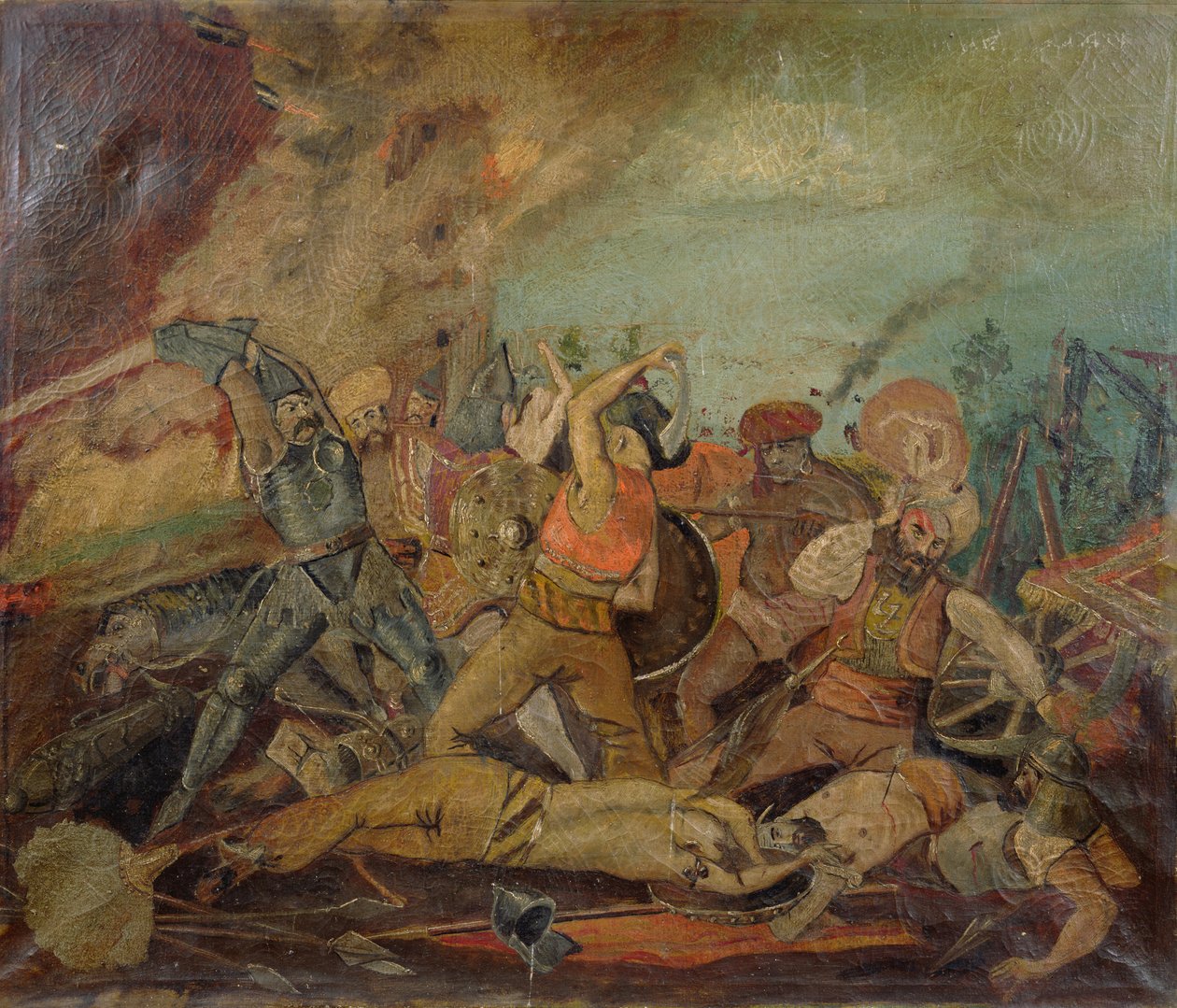 Soldados otomanos y húngaros luchando en el siglo XVII de Hungarian School
