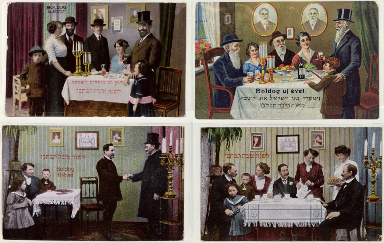 Tarjetas postales que representan a la familia judía en Rosh Hashaná de Hungarian School