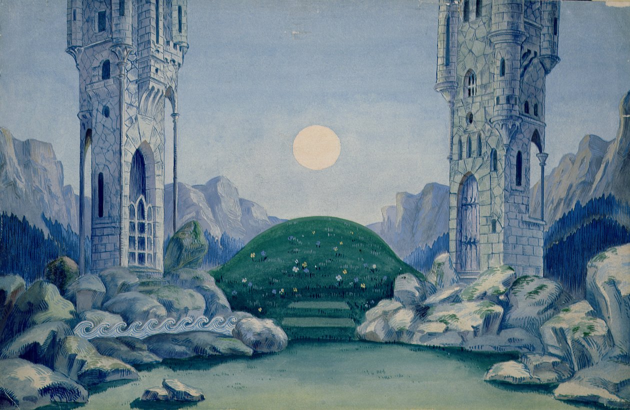 Escenografía para el estreno de "El príncipe de madera" de Bela Bartok (1881-1945) 1917 (acuarela sobre papel) de Hungarian School