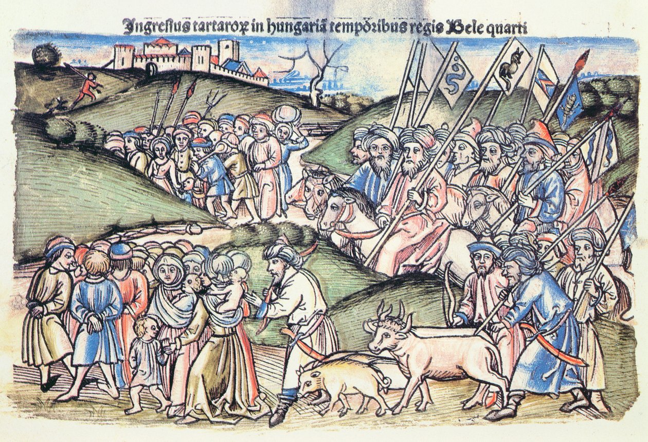 La invasión mongola de Hungría en 1241 durante el reinado de Bela IV (grabado en madera original coloreado) de Hungarian School