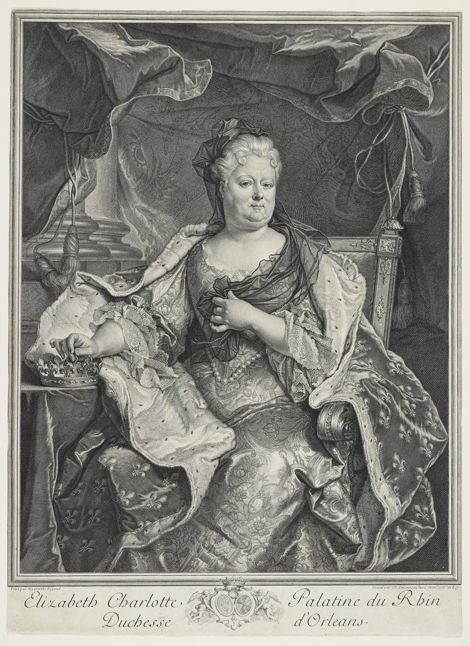 Elizabeth Charlotte Palatine du Rhin, duquesa de Orleans, grabado por Charles Louis Simmoneau de Hyacinthe Francois Rigaud
