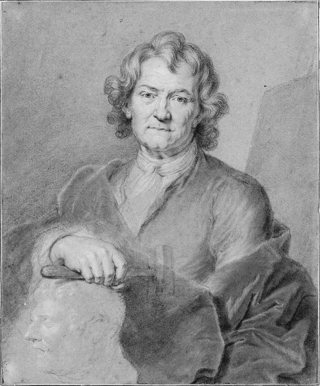 Retrato de Pierre Puget, su mano derecha sosteniendo un martillo y descansando sobre una cabeza esculpida de Hyacinthe Francois Rigaud