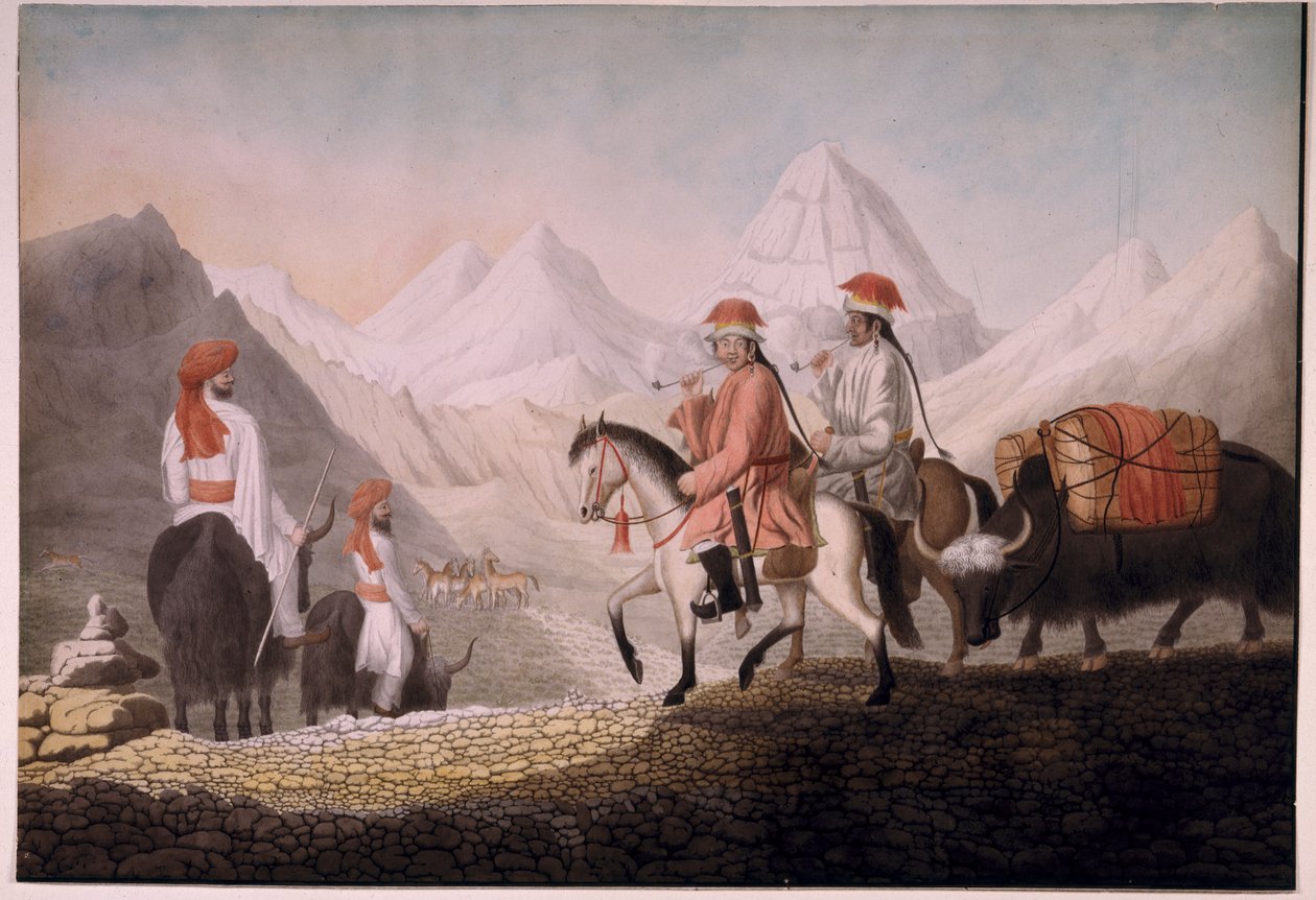 William Moorcroft y Hearsay en el camino hacia el lago Mansarovar (Tíbet) 1812 (acuarela sobre papel) de Hyder Jung Hearsey