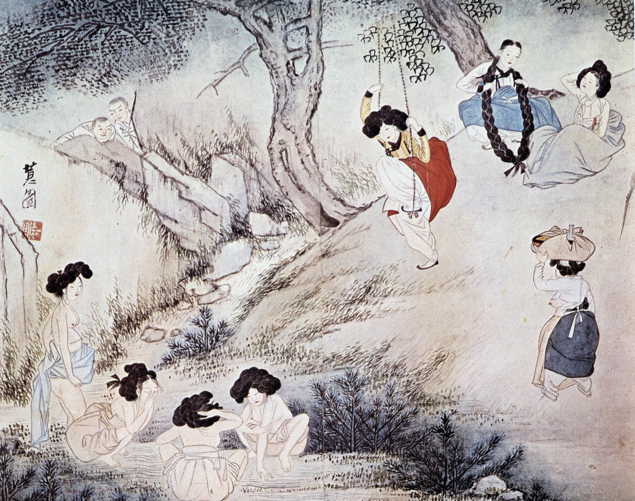 Mujeres al aire libre (baño en el río y columpio) y dos hombres observándolas, Kree - por Hye-Wol, dinastía Yi de Hyewon