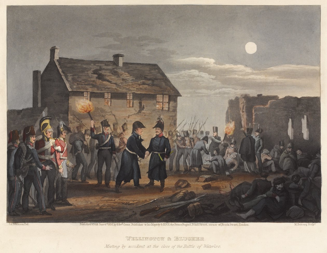 Wellington y Blucher encontrándose por accidente al final de la Batalla de Waterloo, grabado por M. Dubourg, 1819 de I. M. Clark