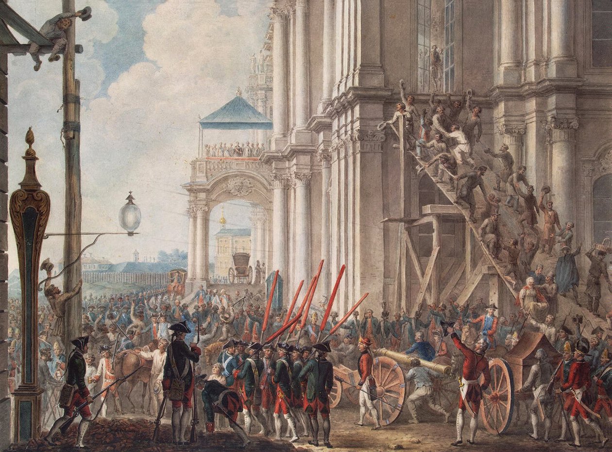 Catalina II en el balcón del Palacio de Invierno, saludada por guardias y personas el día de la Revolución del Palacio, 28 de junio de 1762 de I.K Kaestner