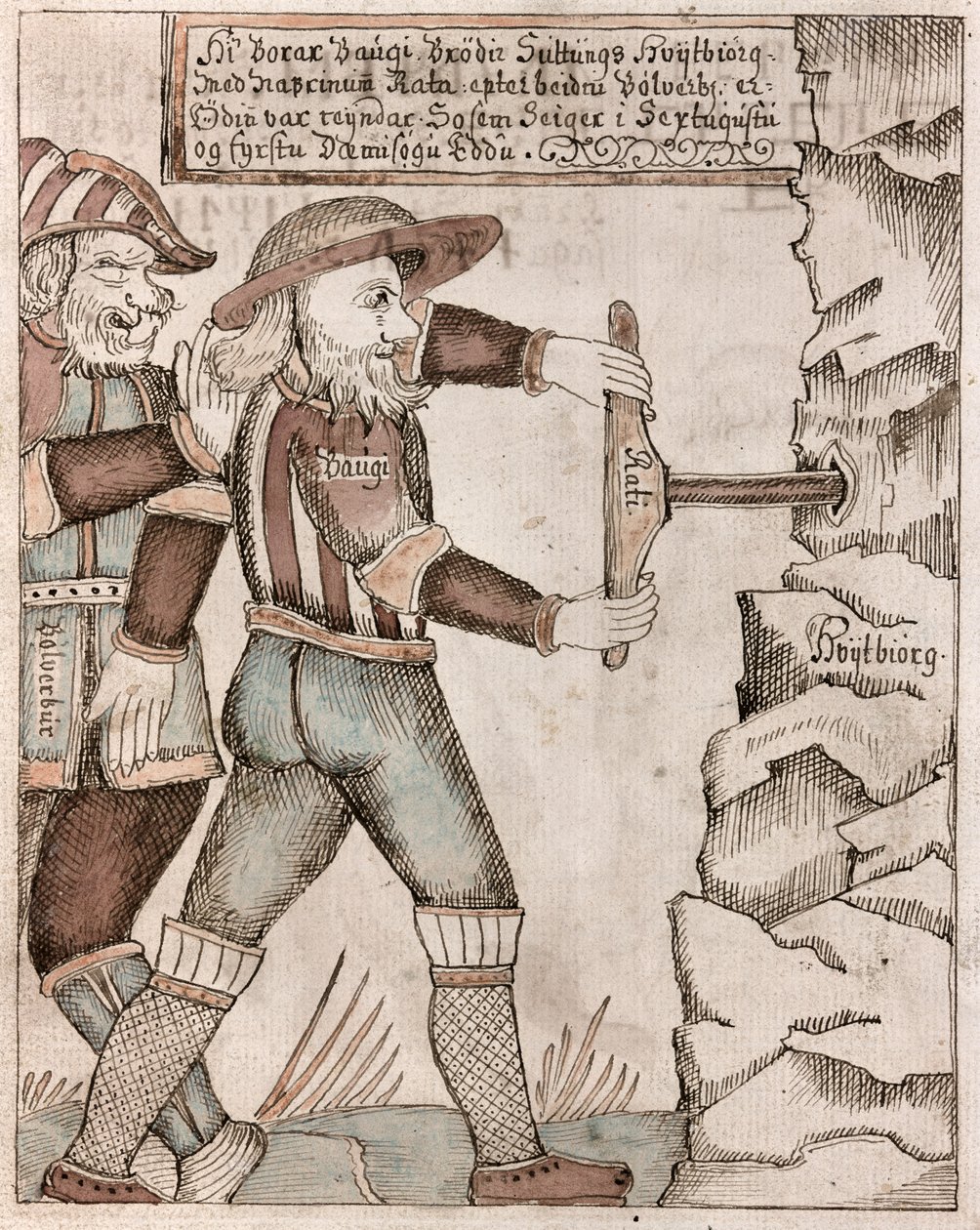 El gigante Baugi, persuadido por Odín, perfora la cámara subterránea de su hermano Suttung donde se esconde el hidromiel, la bebida de los poetas de Icelandic School