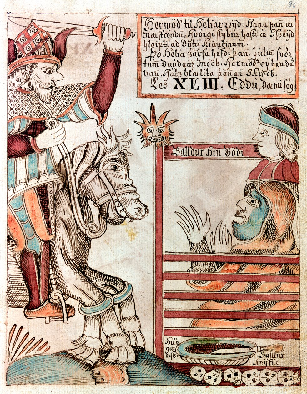 Hermod montado en Sleipnir, el famoso caballo de ocho patas de su padre, en las puertas cerradas del Reino de Hel de Icelandic School