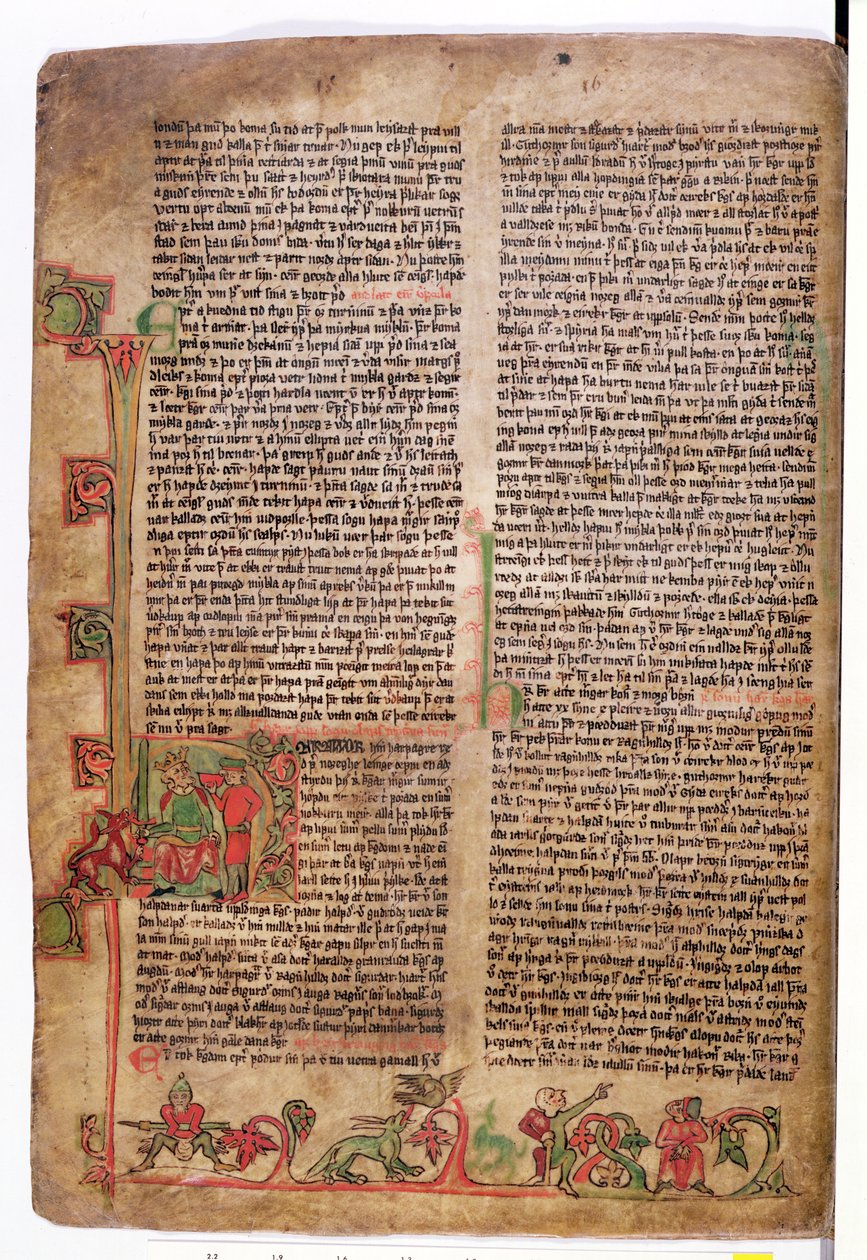 Inicial historiada D al comienzo de La Saga de Olaf Tryggvason, del Flateyjarbok (El Libro de Flatey) finales del siglo XIV de Icelandic School