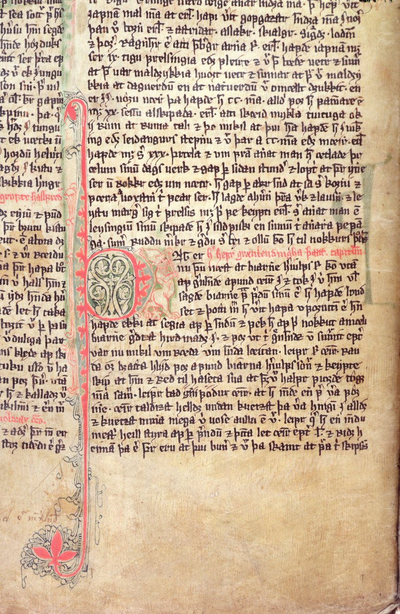Inicial historiada P al comienzo de La Saga de los Groenlandeses, del Flateyjarbok (El Libro de Flatey) finales del siglo XIV de Icelandic School