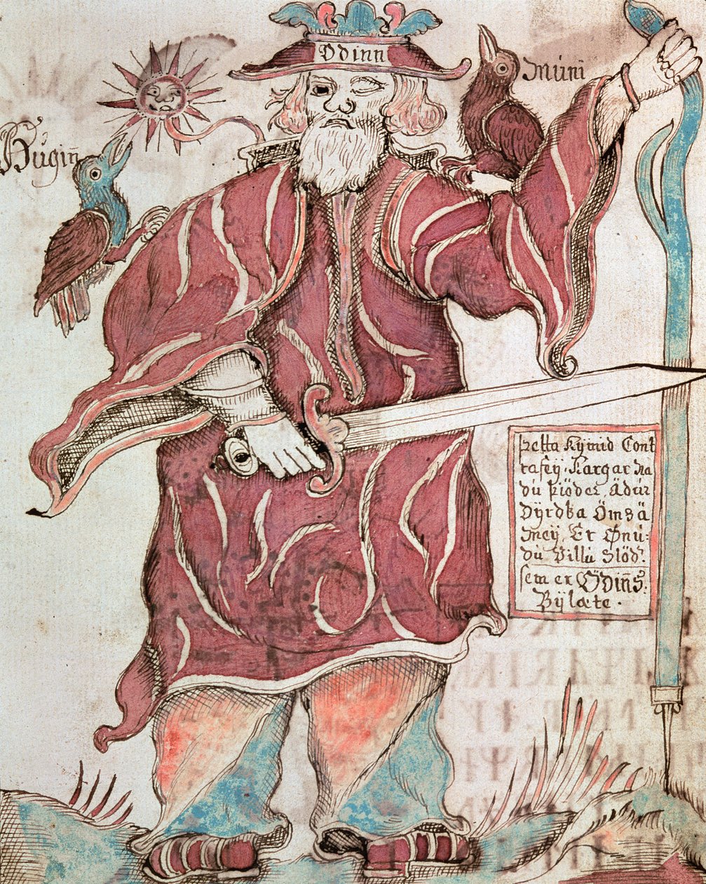Odín, con sus dos cuervos, Hugin (pensamiento) y Munin (memoria) de Icelandic School