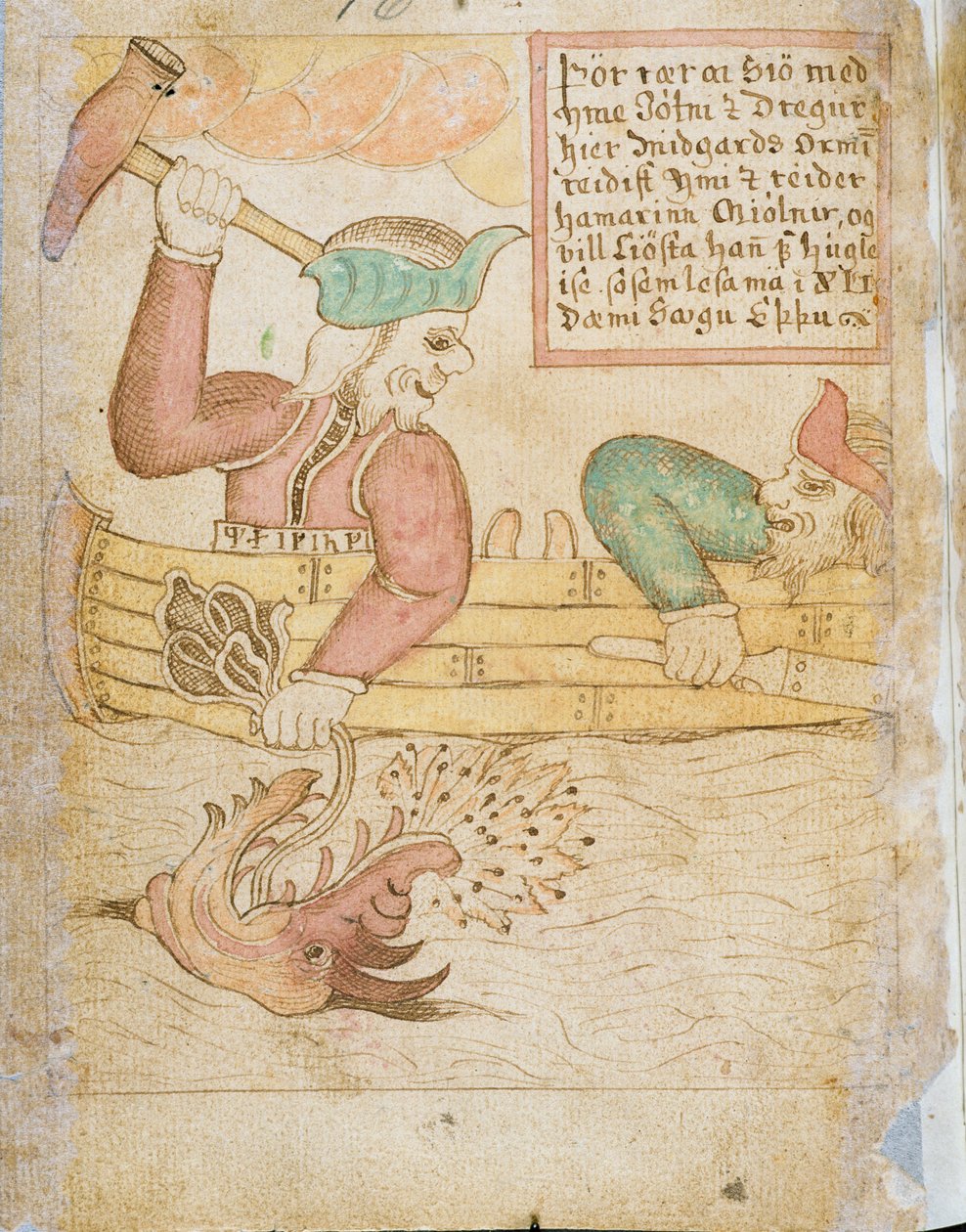 Thor atrapando a la serpiente de Midgard, de la "Edda de Melsted" (pluma y tinta y acuarela sobre papel) de Icelandic School