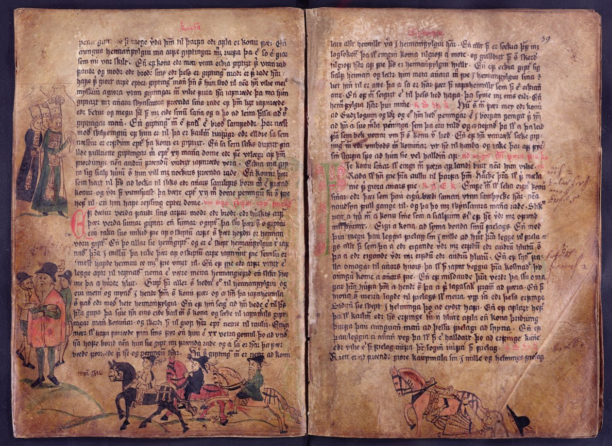 Dos páginas ilustradas de una copia de la colección de leyes original del siglo XIII Jonsbok de Icelandic School