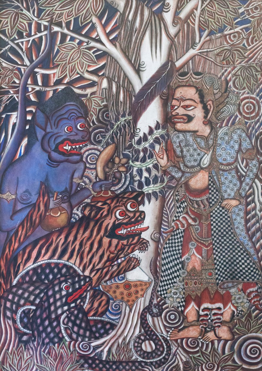 El sacerdote libera al mono, la serpiente y el tigre del pozo de Ida Bagus Gelgel