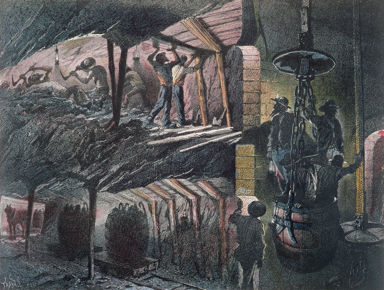 Sección transversal de una mina de carbón, grabado por Jules Ferat, 1889 de Ignace Francois Bonhomme