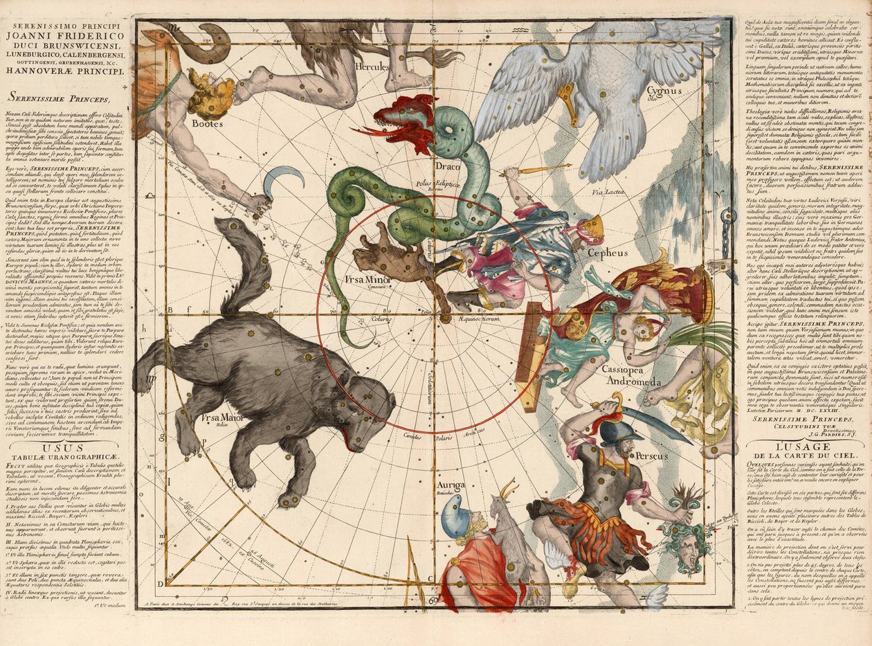 Polo Norte, Placa 1 de Globi coelestis in tabulas planas redacti descriptio, pub. 1674 de Ignace Gaston Pardies