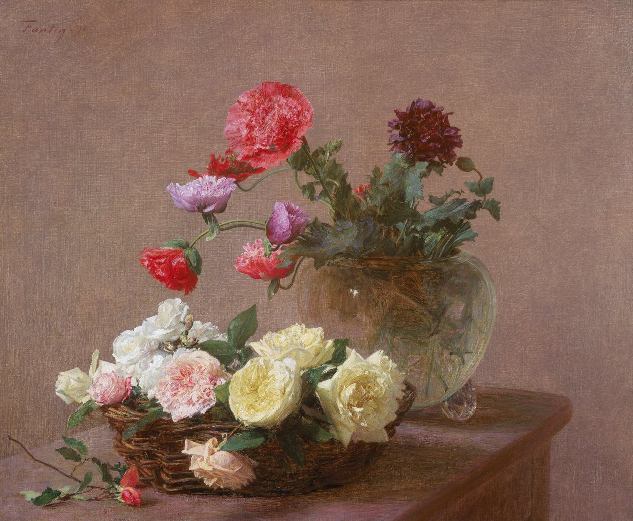 Amapolas en un jarrón de cristal, o Cesta de rosas, 1890 de Ignace Henri Jean Fantin Latour