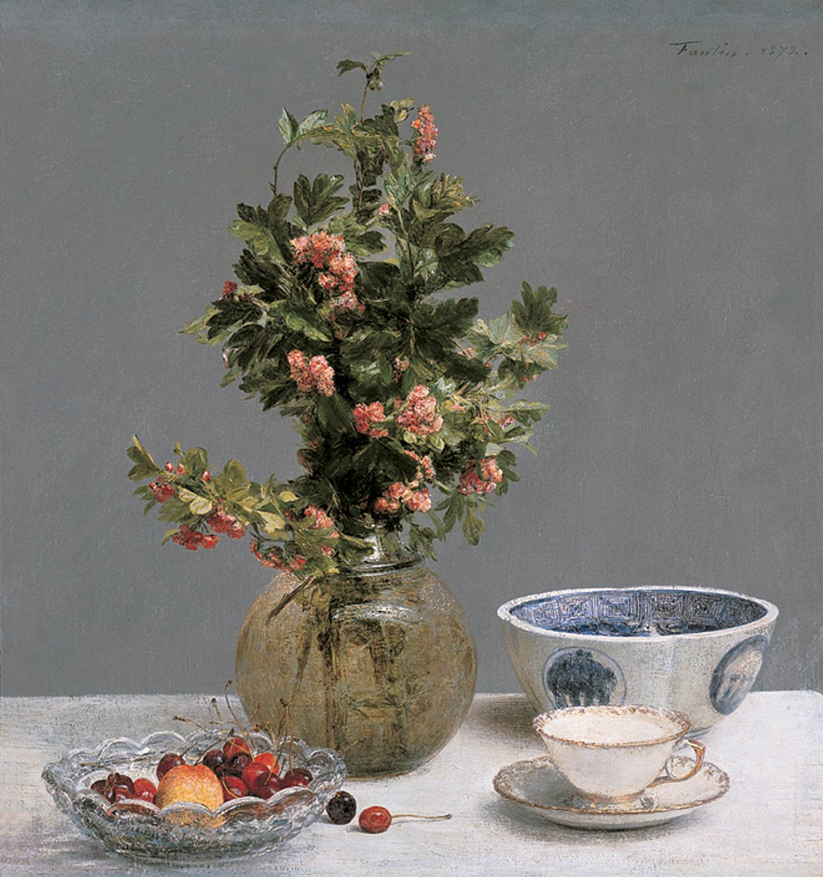 Naturaleza Muerta con Jarrón de Espino, Tazón de Cerezas, Tazón Japonés y Taza con Platillo de Ignace Henri Jean Fantin Latour