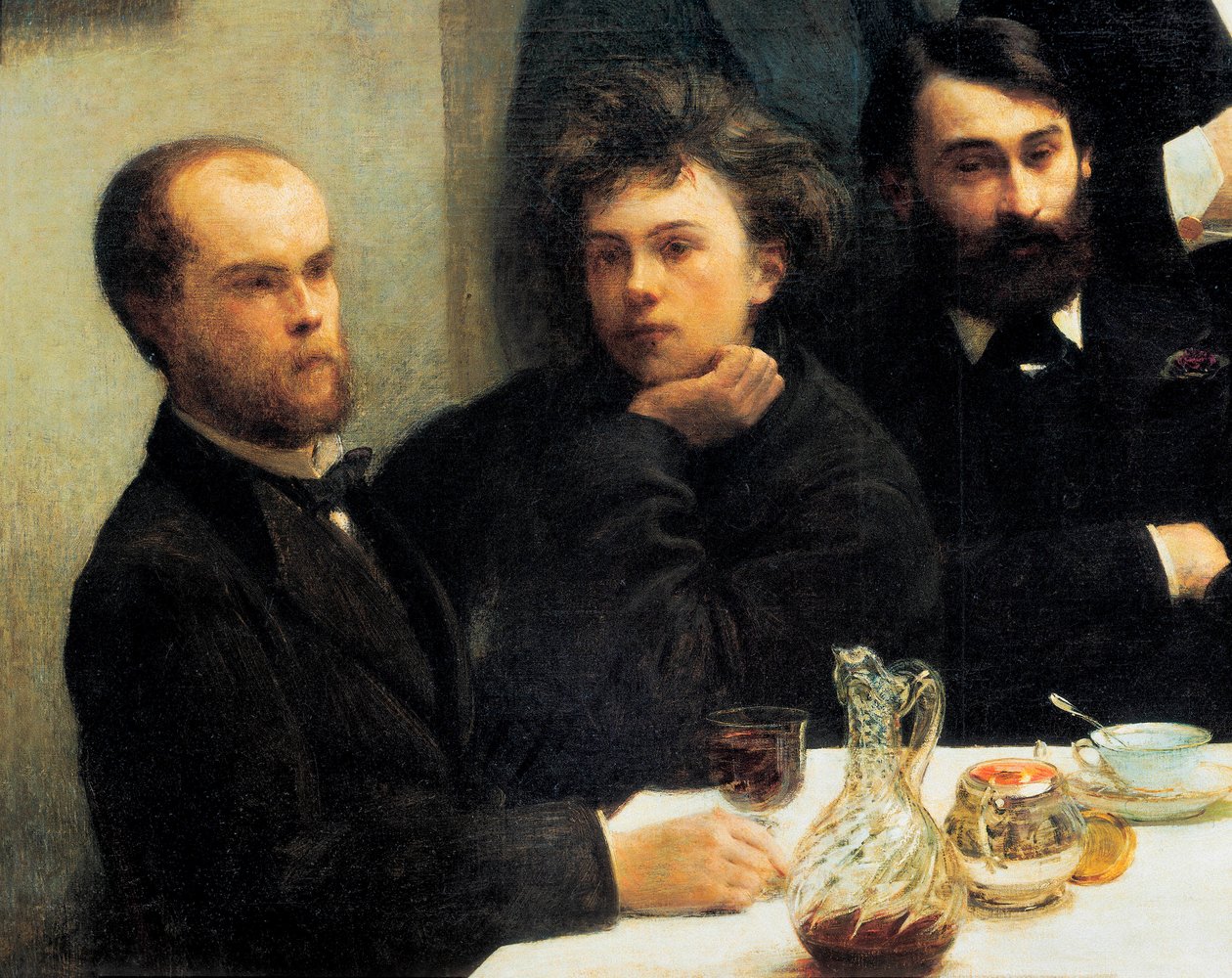 Esquina de la mesa: de izquierda a derecha: Paul Verlaine, Arthur Rimbaud, Elzear Bonnier. (Pintura, siglo XIX) de Ignace Henri Jean Fantin Latour