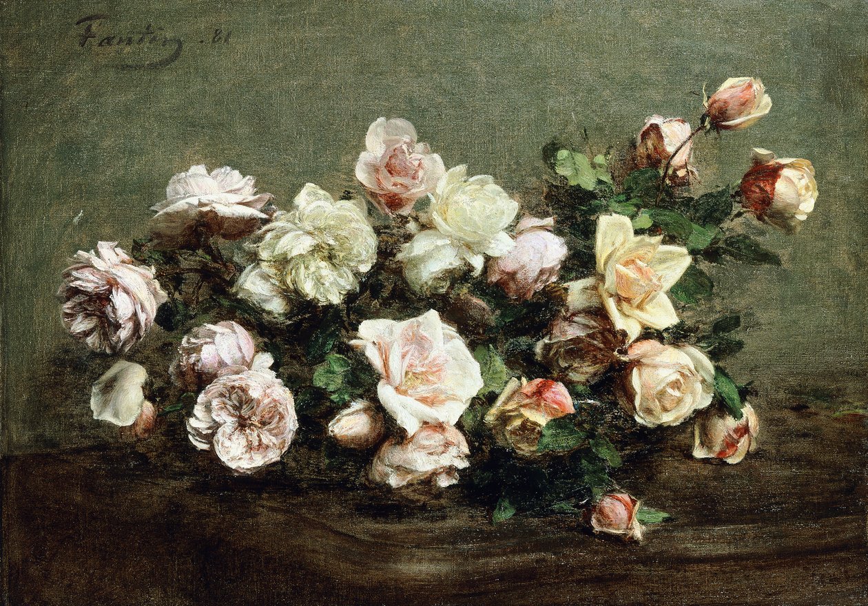 Jarrón de rosas blancas sobre una mesa de Ignace Henri Jean Fantin Latour