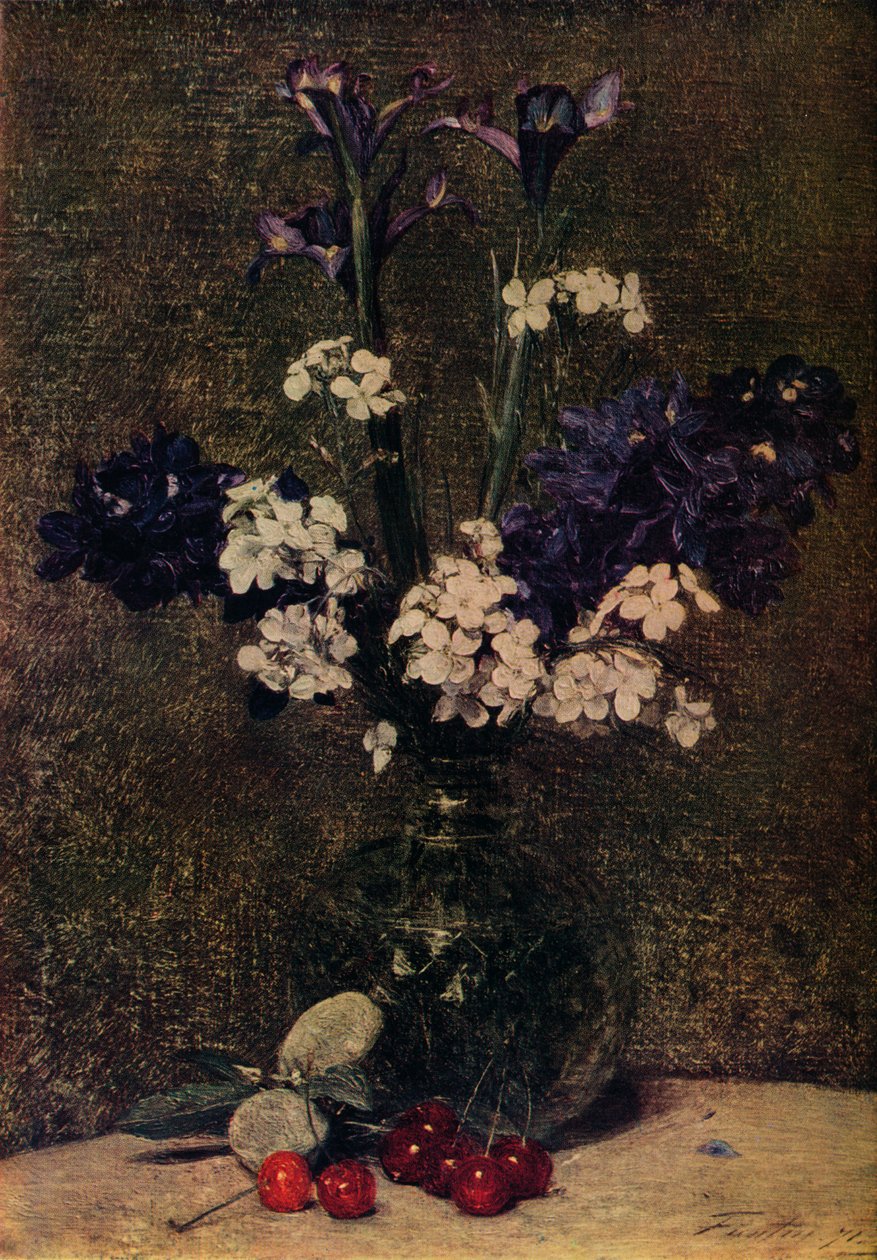Jarrón de flores, con cerezas y almendras en la mesa, naturaleza muerta, lirios, híbridos de delfinio de Ignace Henri Jean Fantin Latour